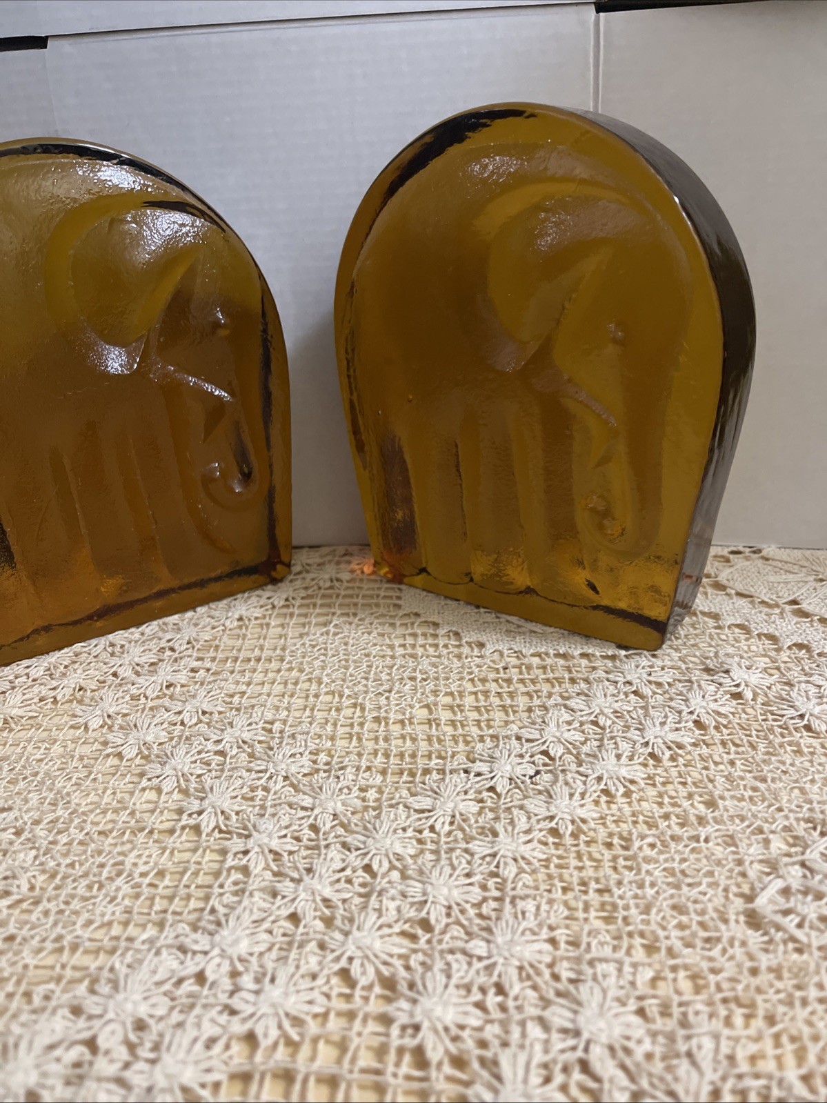Vintage Blenko Amber Glass Elephant Bookends, 6x6.5 in, molded amber art glass Vintage Blenko Amber Glass Elephant Bookends, 6x6.5 in, molded amber art glass
