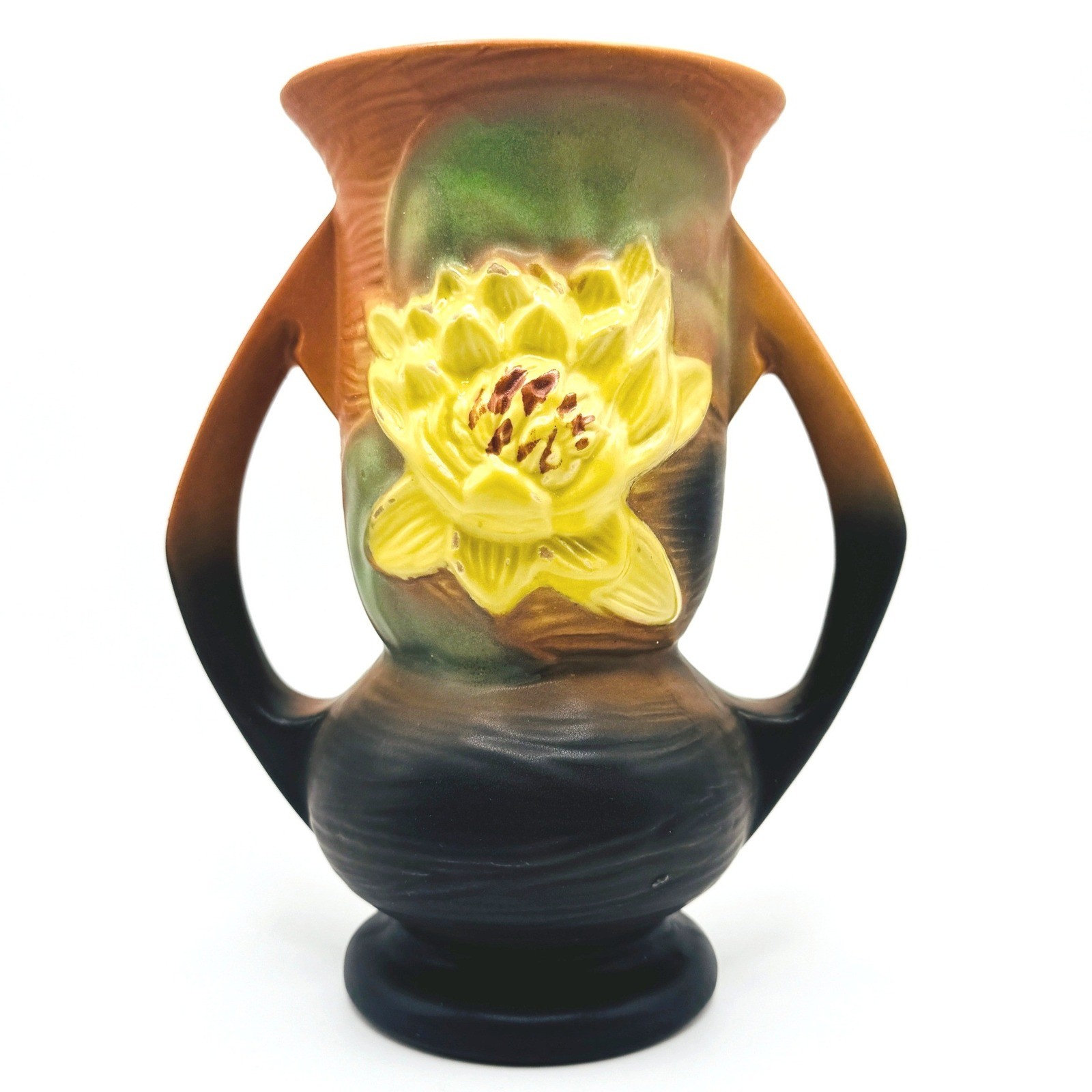 Roseville Water Lily 74-7 Vase Brown Green Yellow 1943 Art Pottery USA 7.25