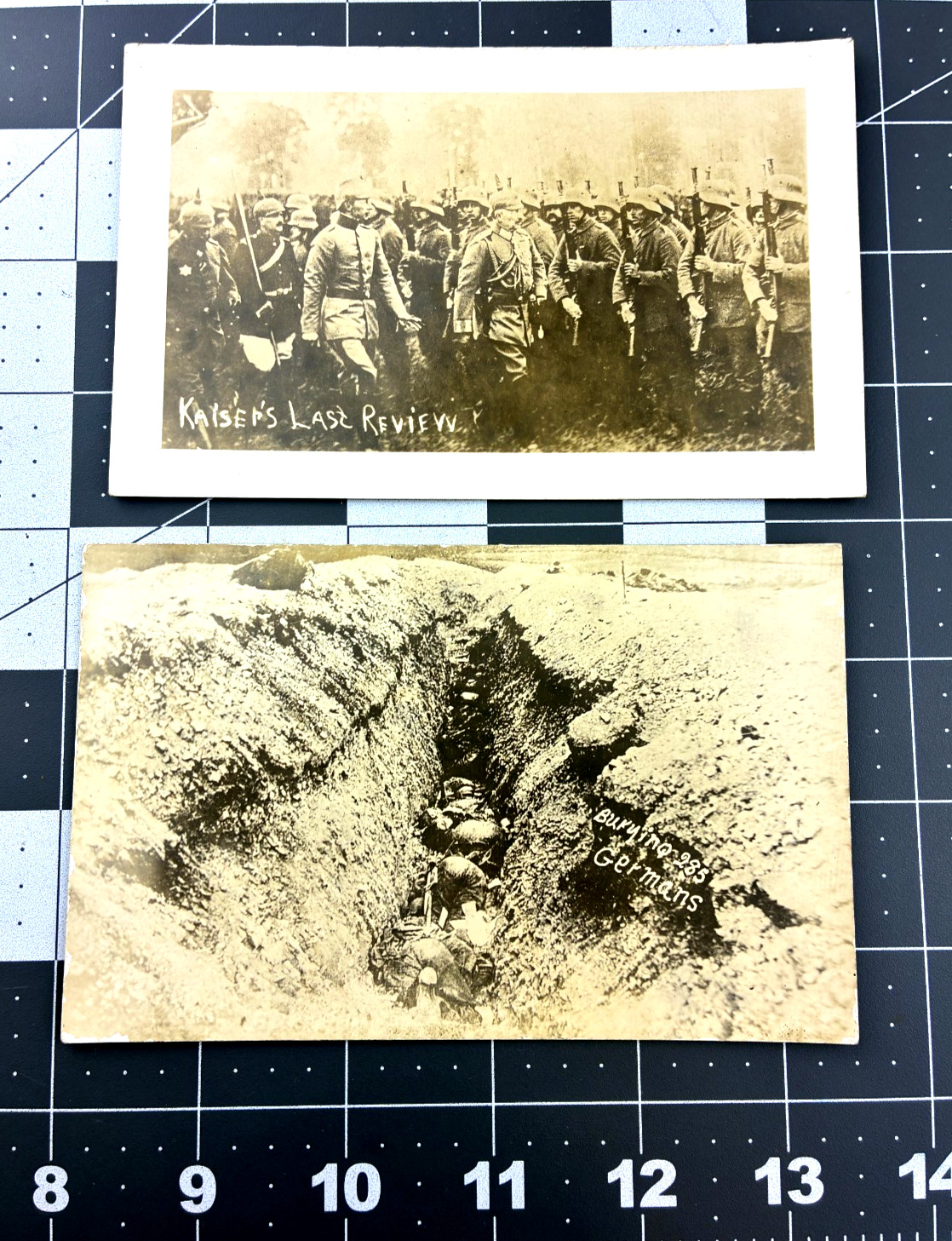 2 Postcard RPPC Kaiser\'s Last Review WW1 & Burying 285 Germans Trench warfare PB