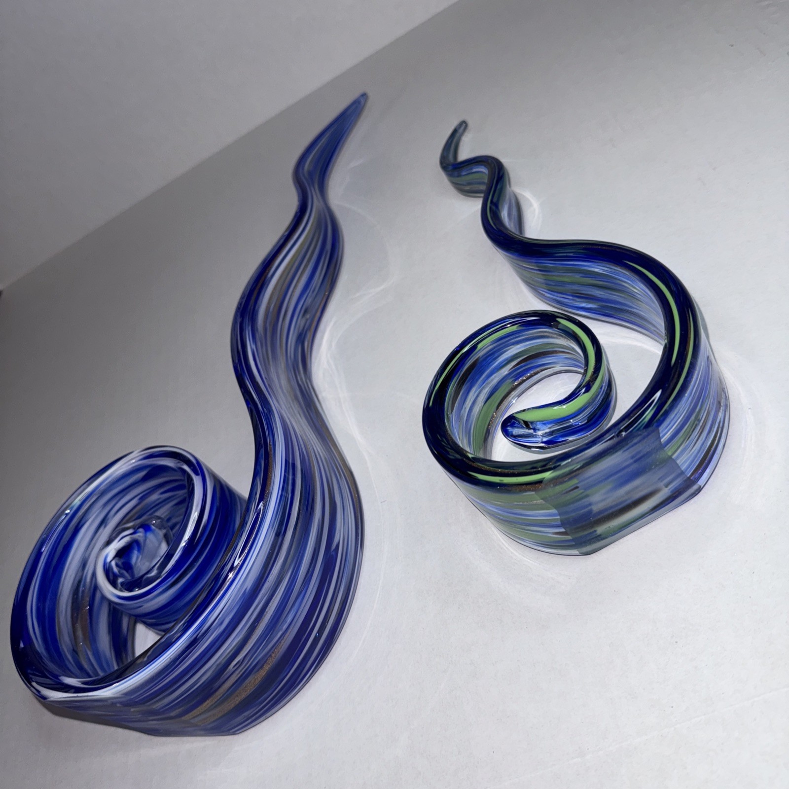 Art Glass Ribbon Swirl Sculpture 2pcs Set - Cobalt Blue