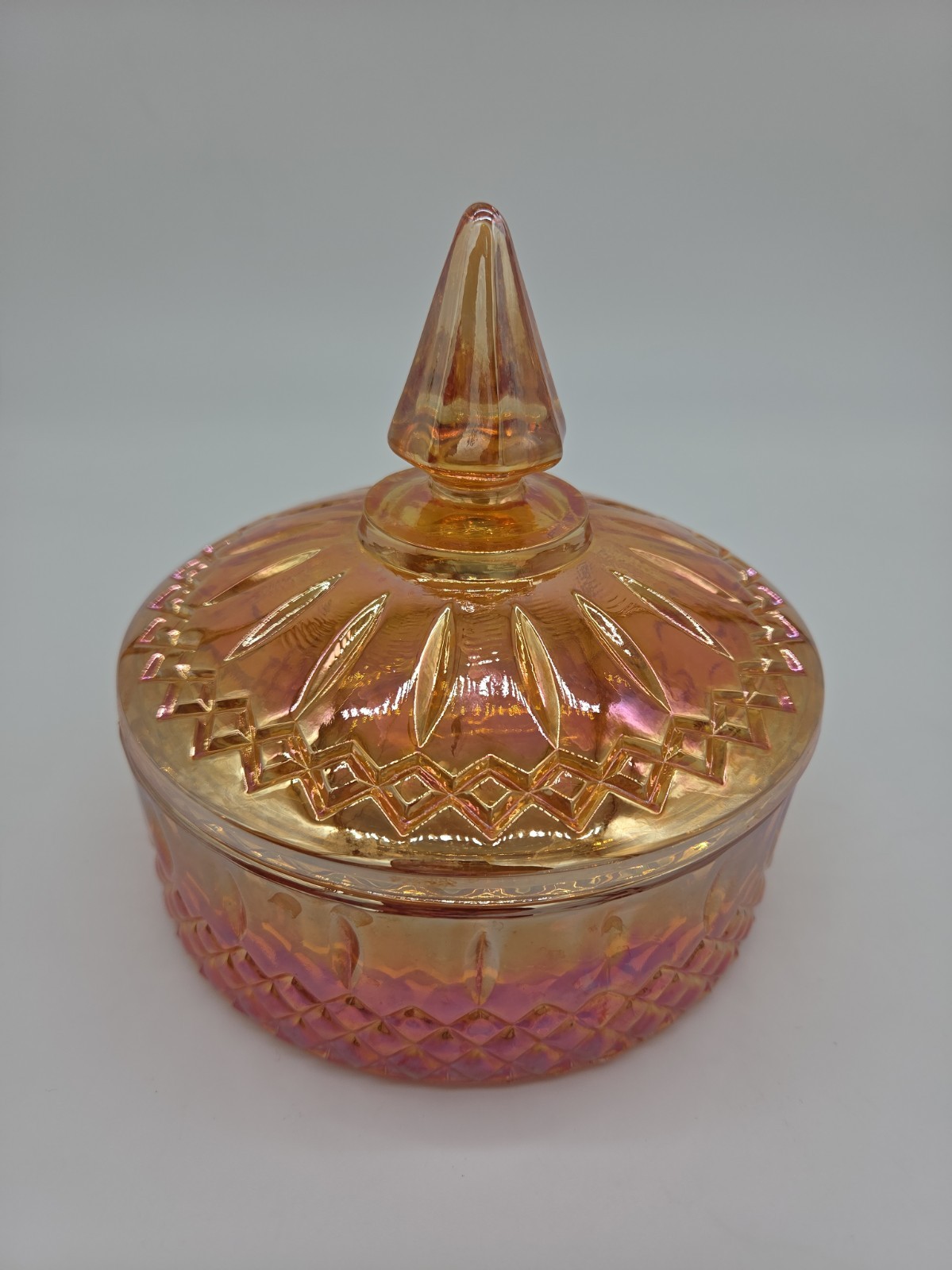 Marigold Candy Dish (TRUE) W/lid In Perfect Cond. W Rainbow Sheen Carnival Glass