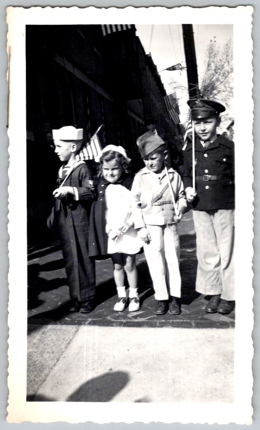 Vtg B&W Snapshot Children in Military Costumes Sailor Officer Parade 1940s Vtg B&W Snapshot Children in Military Costumes Sailor Officer Parade 1940s