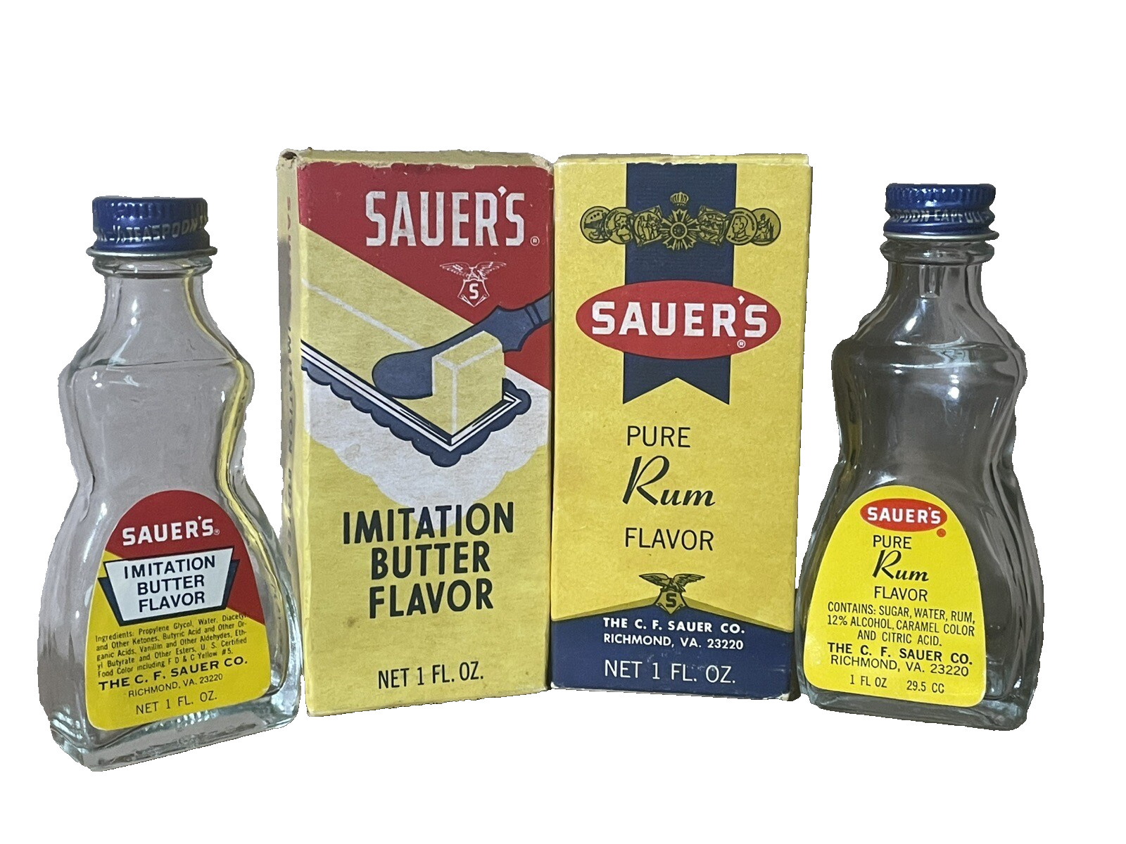 Sauer\'s Imitation Butter and Pure Rum flavors Orig box bottles Lot of 2 CF Sauer