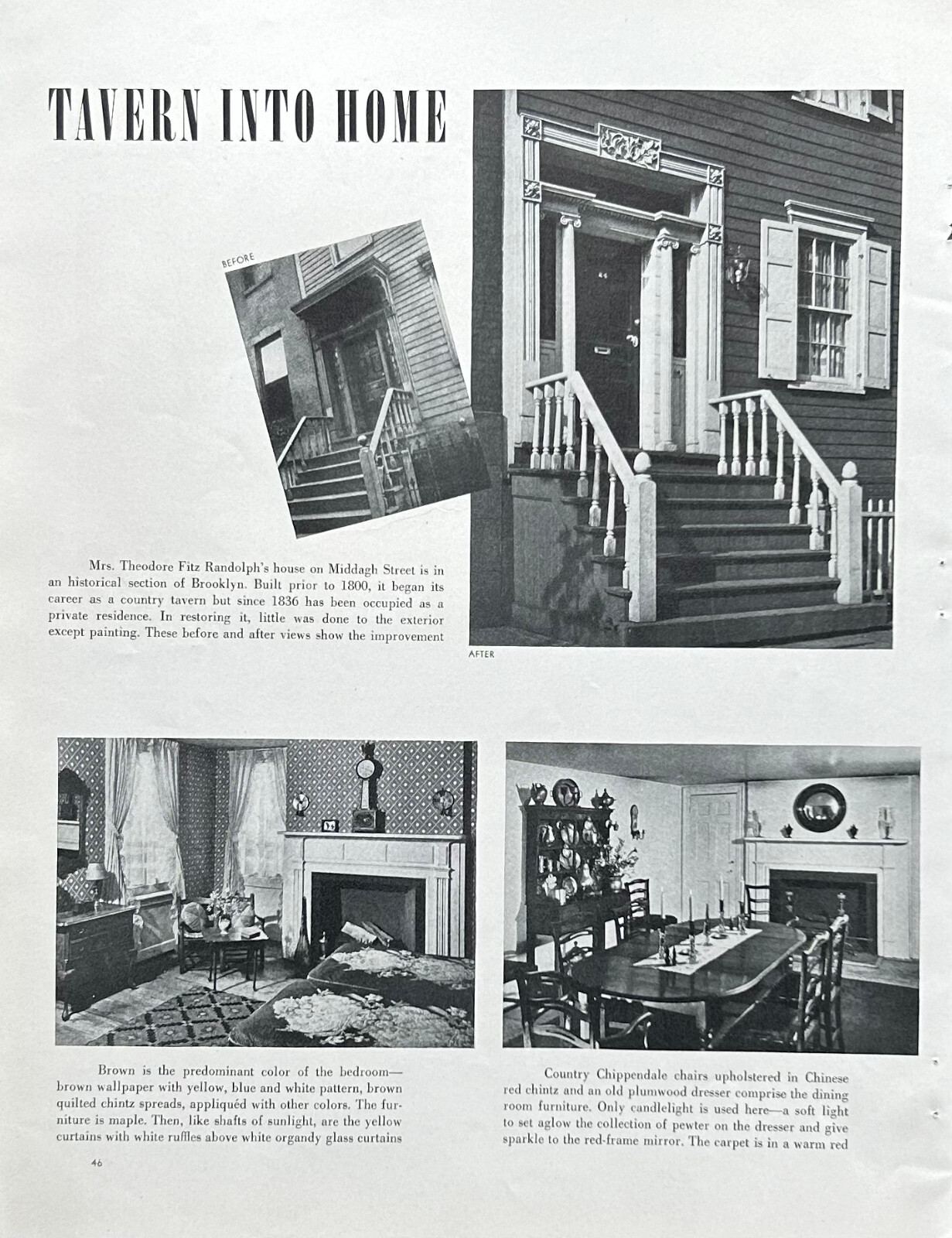 Mrs. Theodore Fitz Randolph Home 1938 Brooklyn NY Middagh St 2Pages Pics