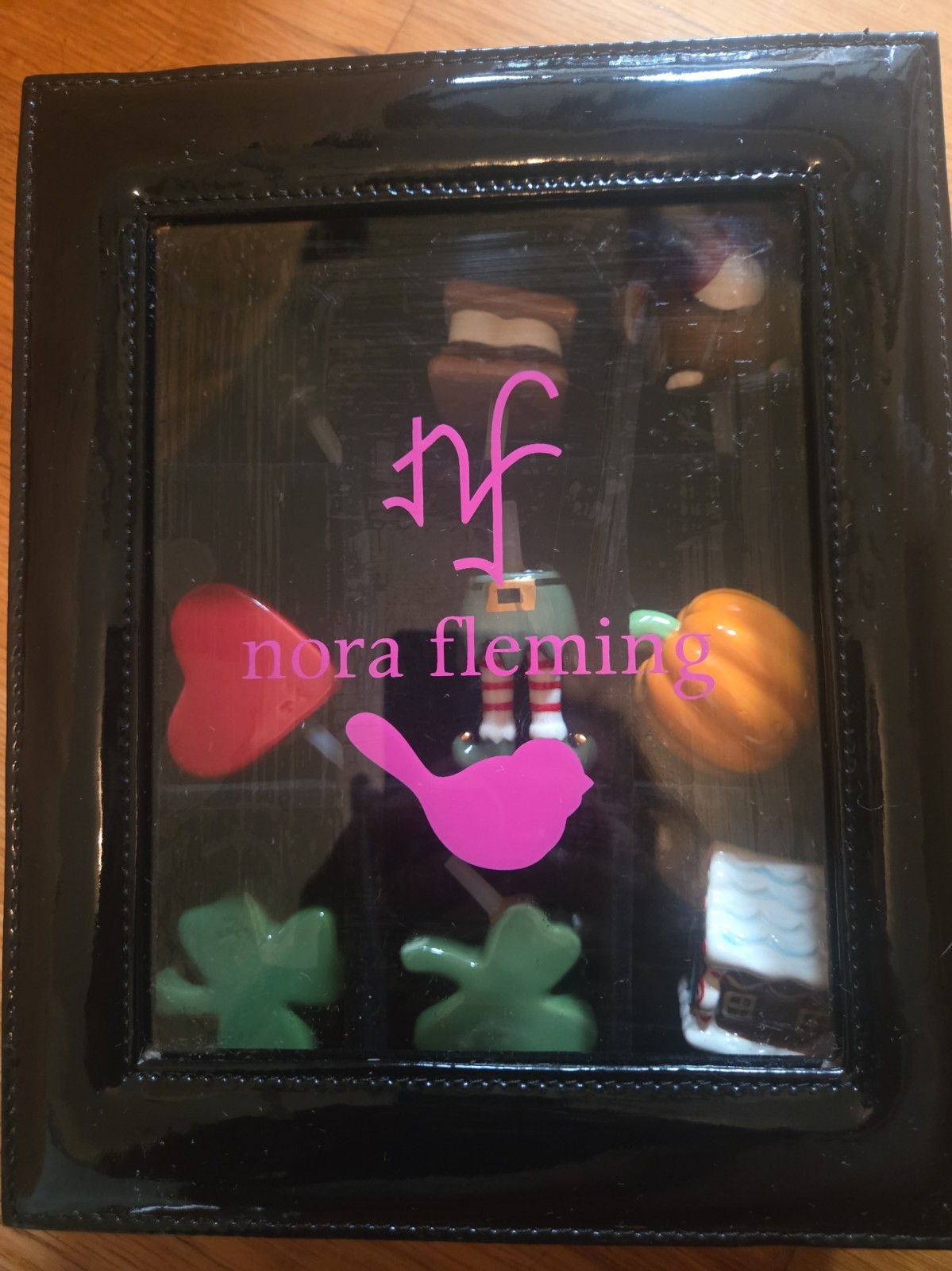 Nora Fleming 9 Festive Charms with Black Patent Leather Display Case Nora Fleming 9 Festive Charms with Black Patent Leather Display Case