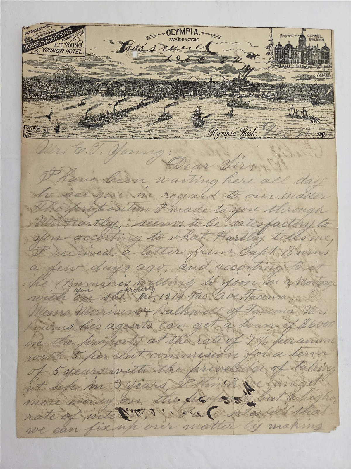 1891 antique OLYMPIA wa YOUNG\'S HOTEL ADDITIONS mortgage TACOMA LETTERHEAD