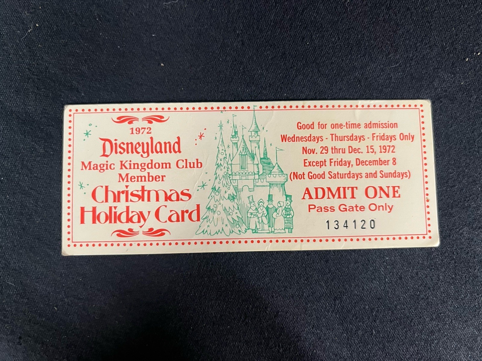 Vintage 1972 Disneyland Magic Kingdom Club Member Christmas Admission Ticket