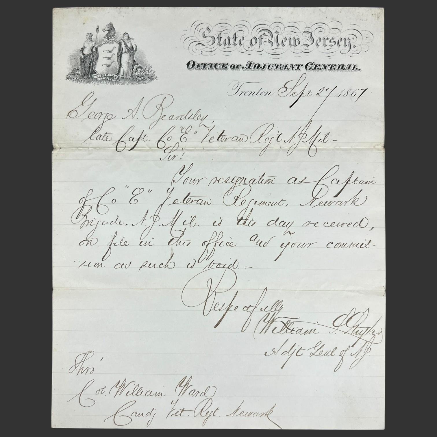 William Scudder Stryker 1867 NJ Adjutant General Letter to Capt. Beardsley