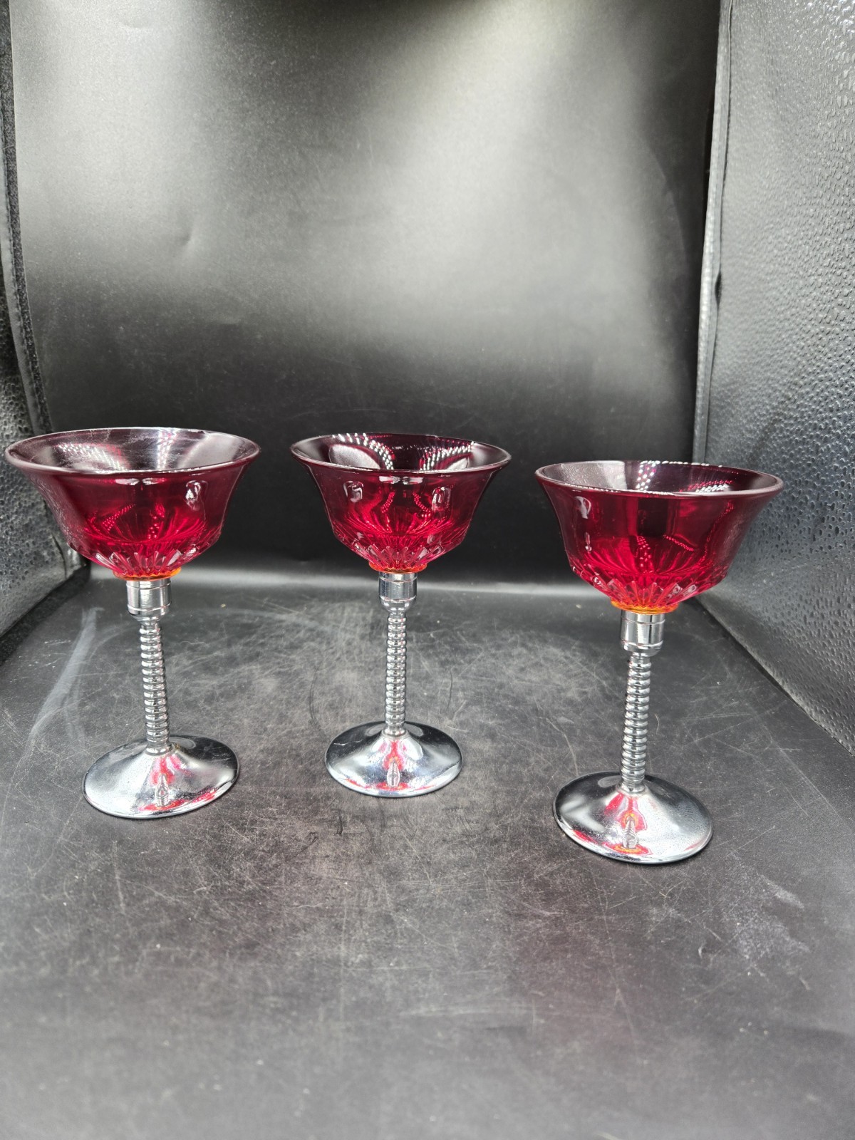 Vtg 1930's Paden City Ruby Red Glades Pattern Stemware With Chrome Plated Stems 