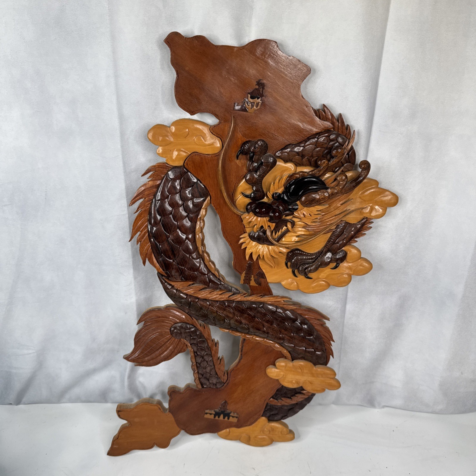 Vintage Handcrafted Wooden Wood Intarsia 3D Wall Hanging Dragon Asian Dojo Decor