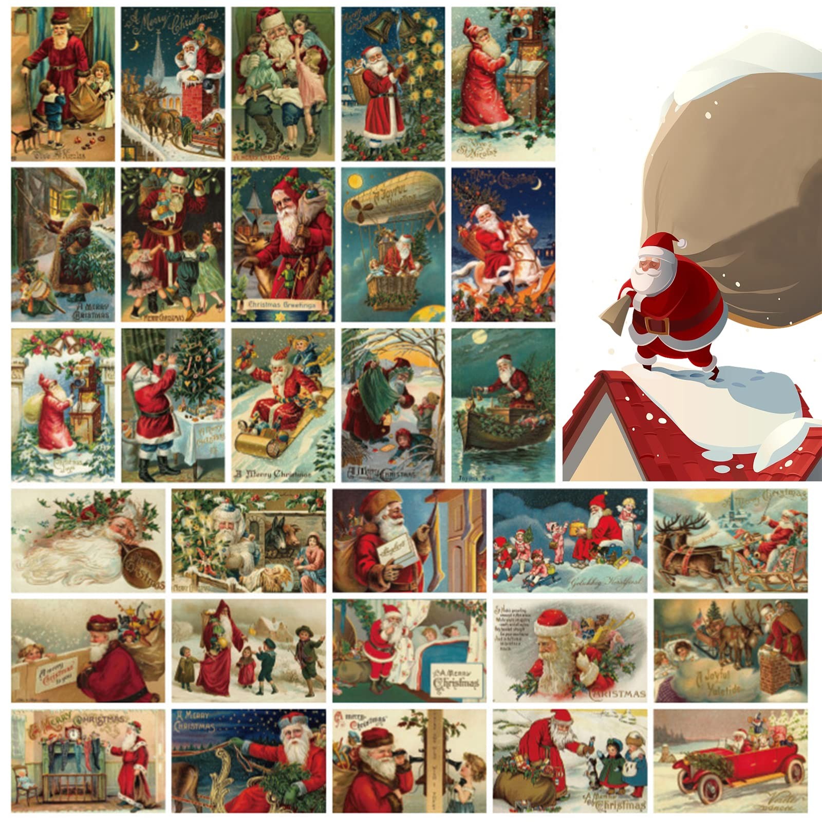 Charm Kiss 30pcs Vintage Christmas Greeting Cards, Santa and Christmas Reprint