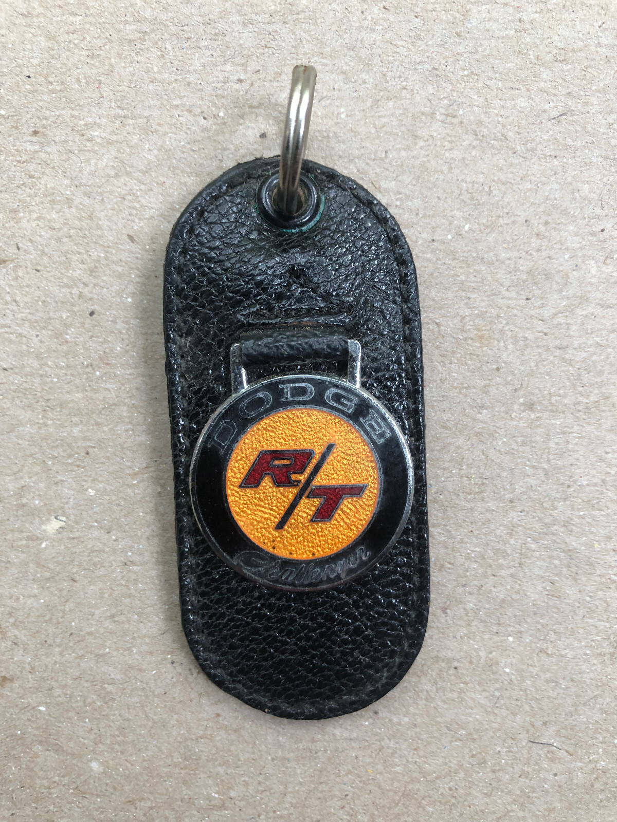 Vintage Leather Car Keychain Vintage key fob Dodge Challenger RT/Gold/Bk NOS