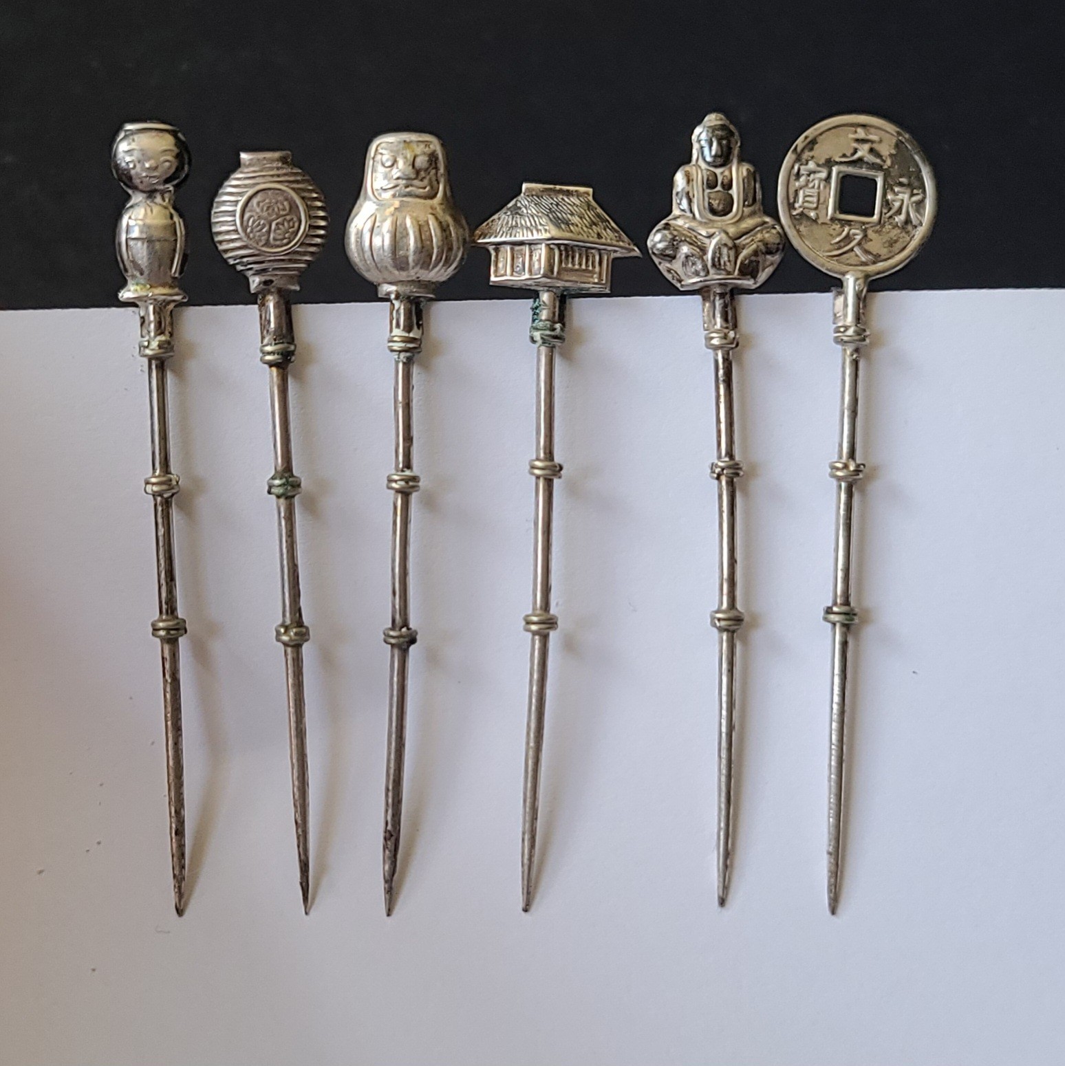 Lot 6 Vintage Japanese Sterling Silver 950 Figural Cocktail Picks MCM 15.7gm