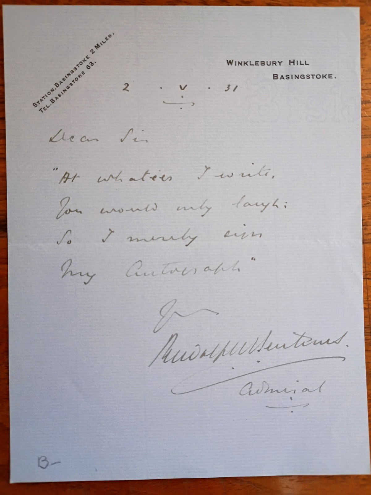 Admiral Sir Rudolf Miles Burmester (1875–1956) Signed Letter