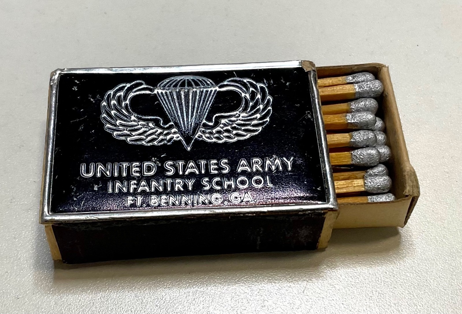 Vintage US Army Infantry School Ft Benning GA Airborne Wings Metal Matchbox