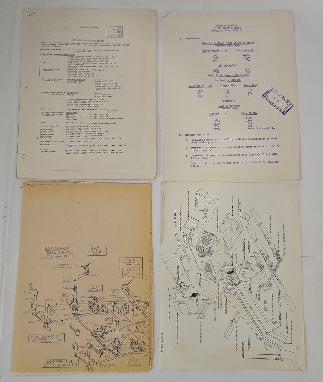 1960 Bell HU-1B Huey Flight Control Parts Hiller Technical Document Lot Vintage