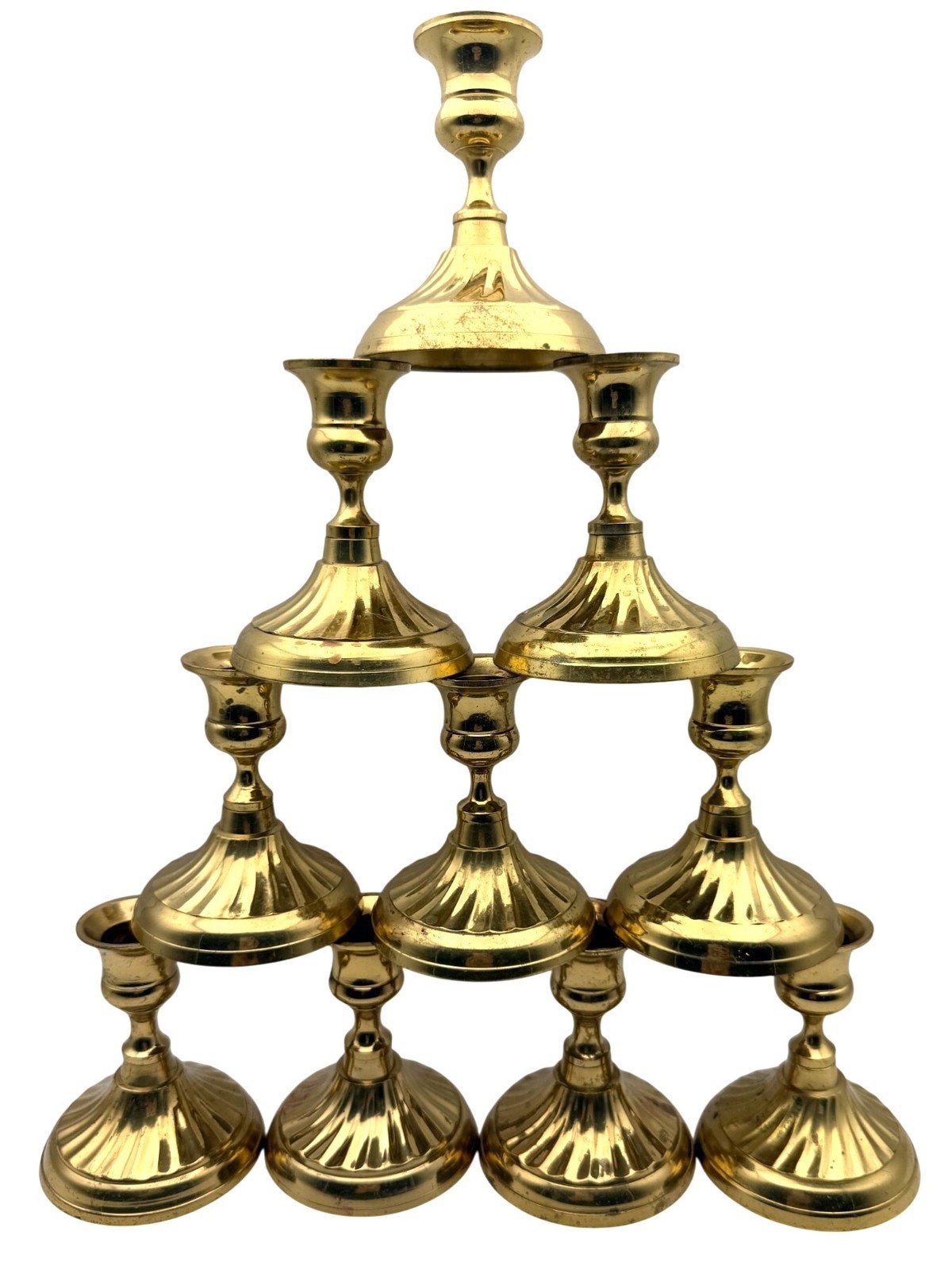 10 Vintage Brass Taper Candlestick Holders Fluted Bell Base Design 3.5