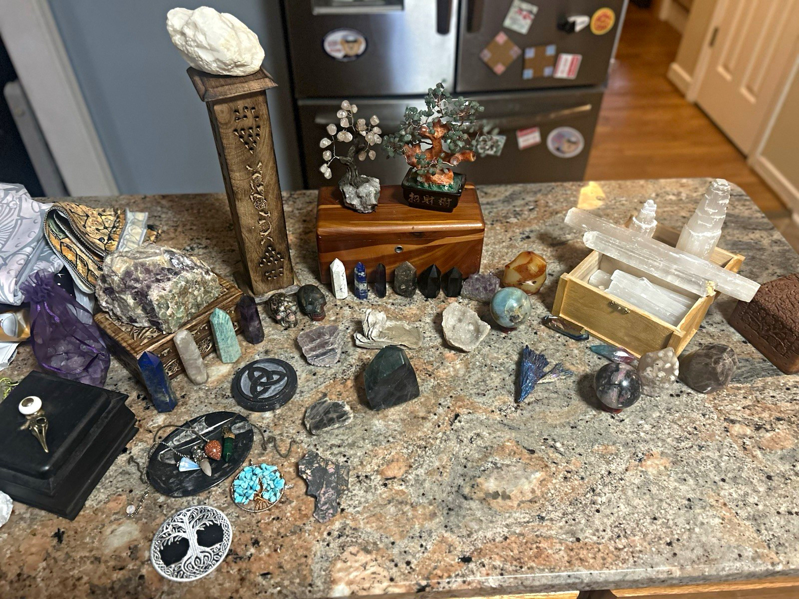 Mixed Crystal Lot: Points, Spheres, Raw Specimens, Selenite Sticks, Bag Mixed Crystal Lot: Points, Spheres, Raw Specimens, Selenite Sticks, Bag