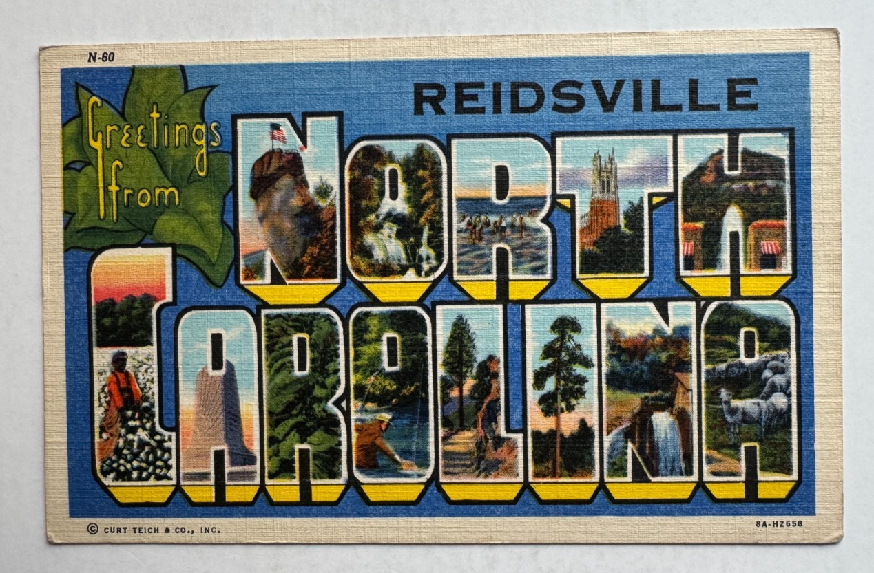 c1938 NC Postcard Greetings From Reidsville North Carolina large letters vintage