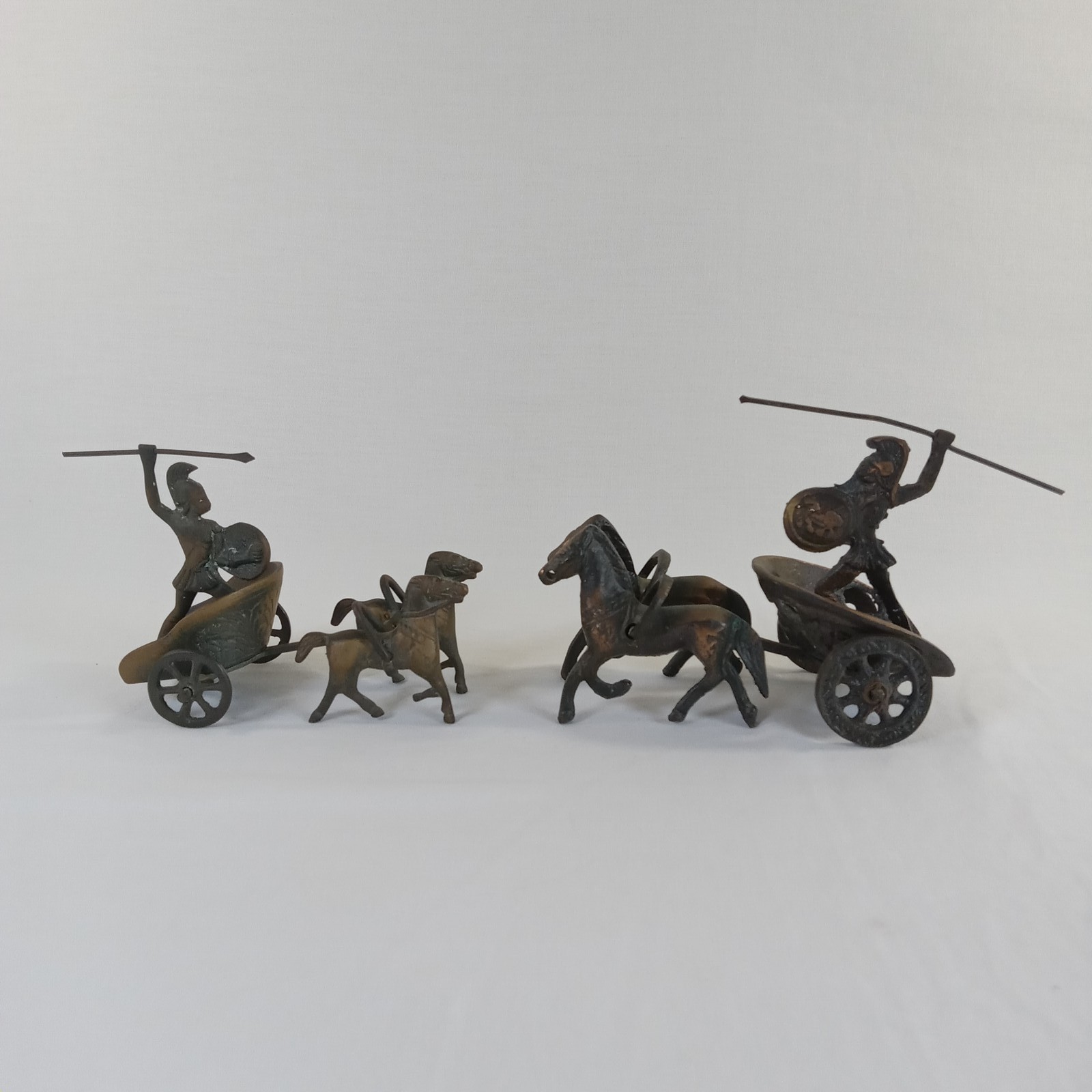 2 Vintage Roman Greek Chariot Warrior Figures Cast Copper Alloy Mid Century