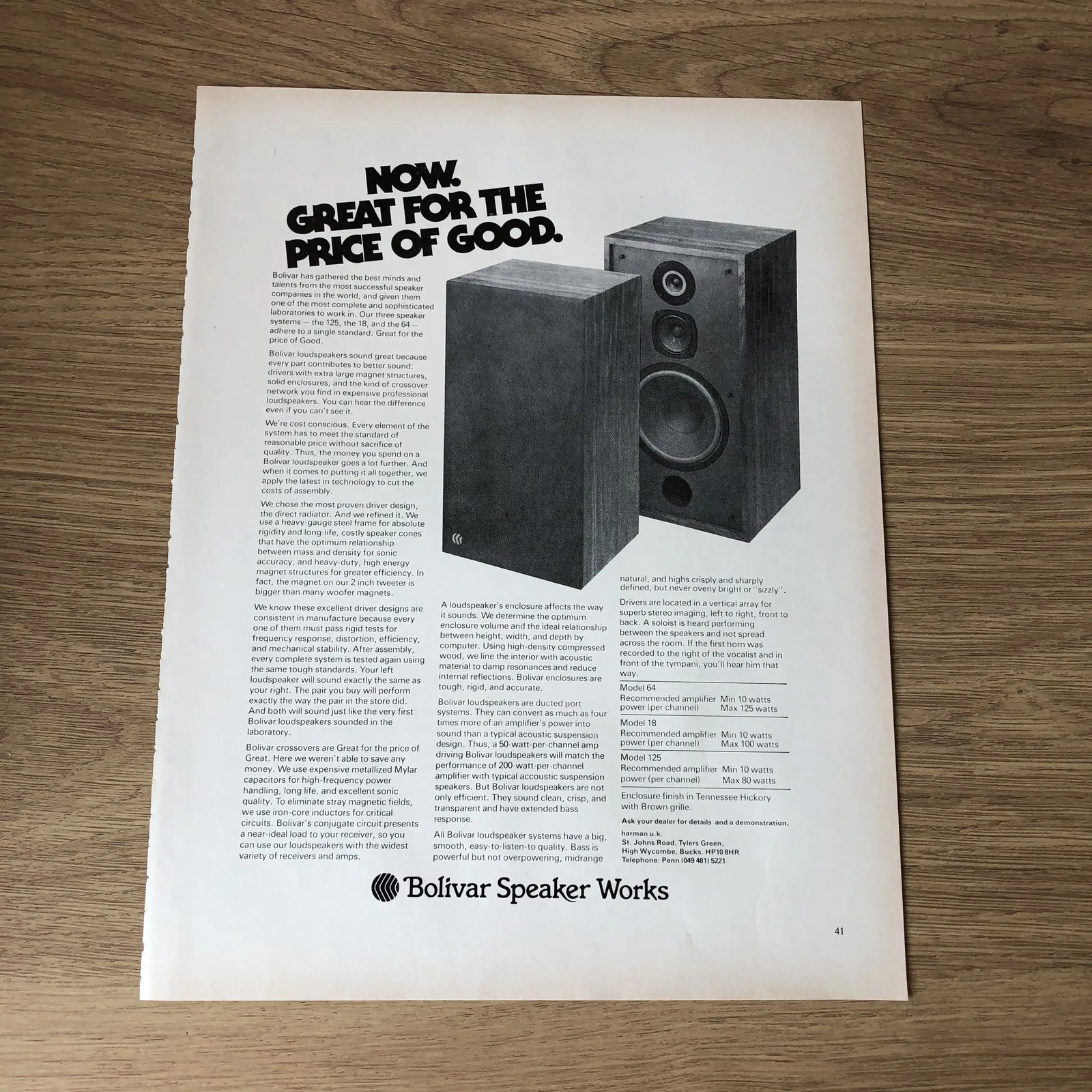HIFIS06 MAGAZINE ADVERT 11X8 BOLIVAR SPEAKER WORKS: MODEL 64, 18, 125