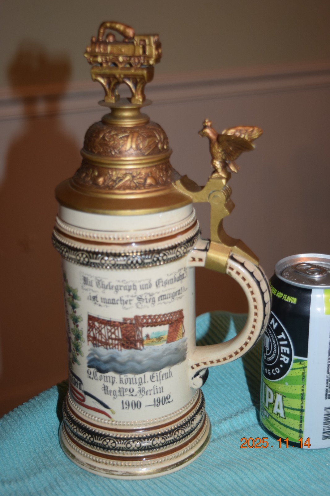 Antique Berlin Telegraph & Eisenbahn Regimental Military German Beer Stein, Mint