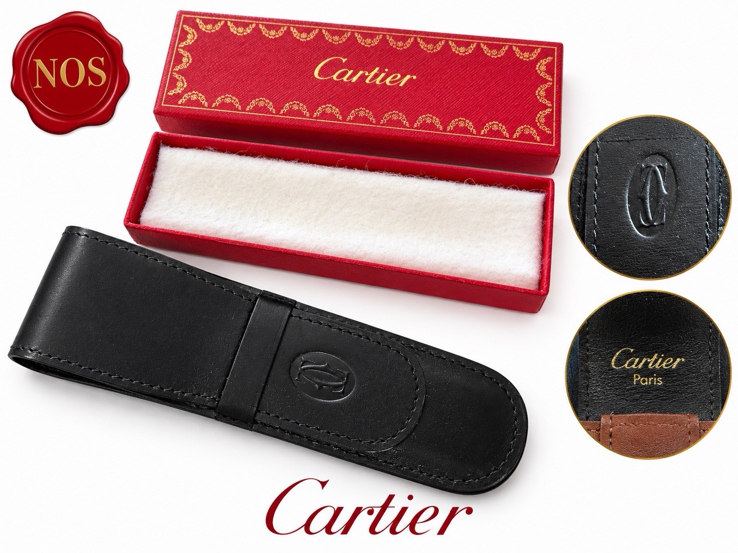 Cartier Pen Set Case Leather Black NOS With Original Vintage 1990s Box