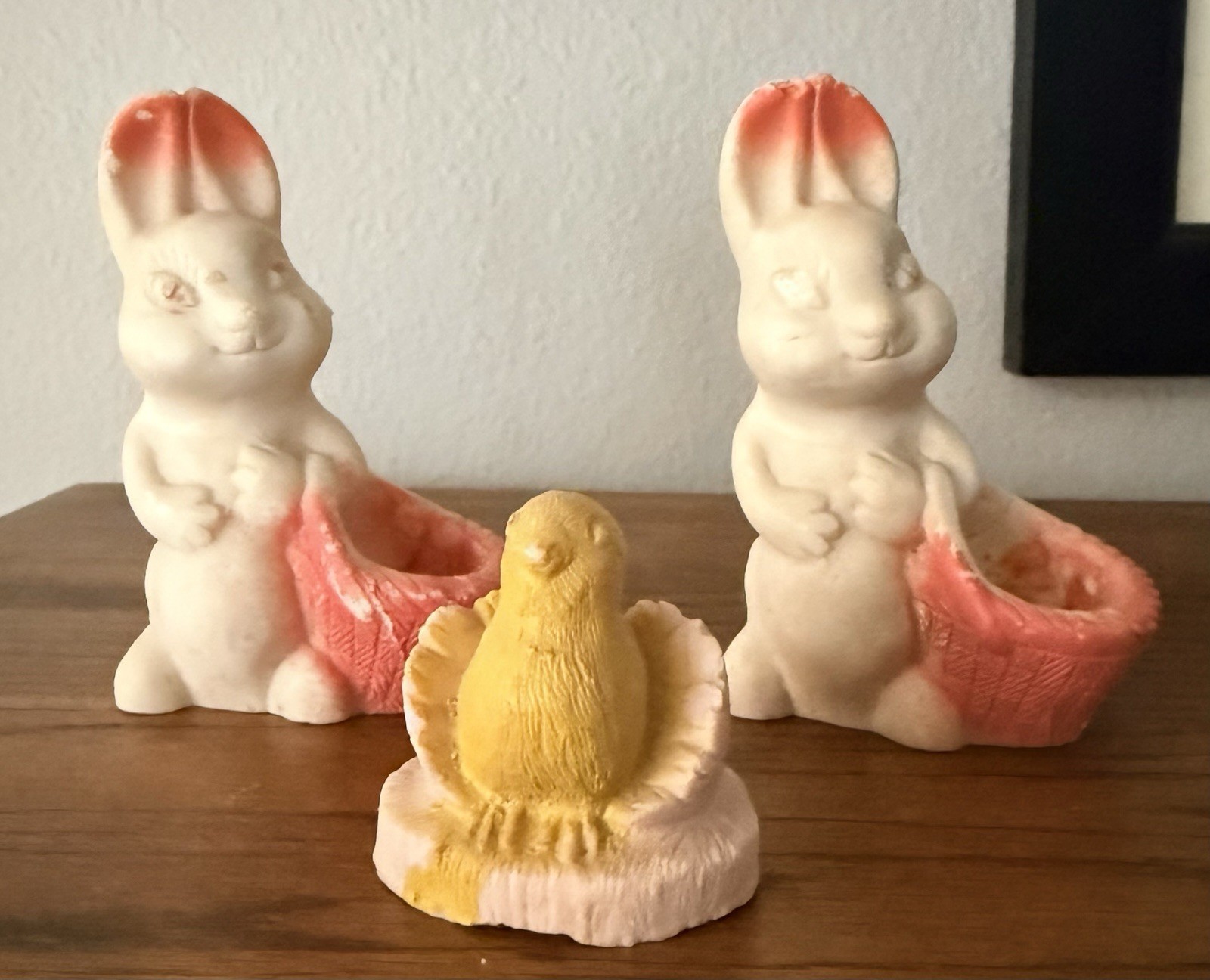 Vintage Easter Chalkware Rabbits x 2 + Chick in Egg Darling