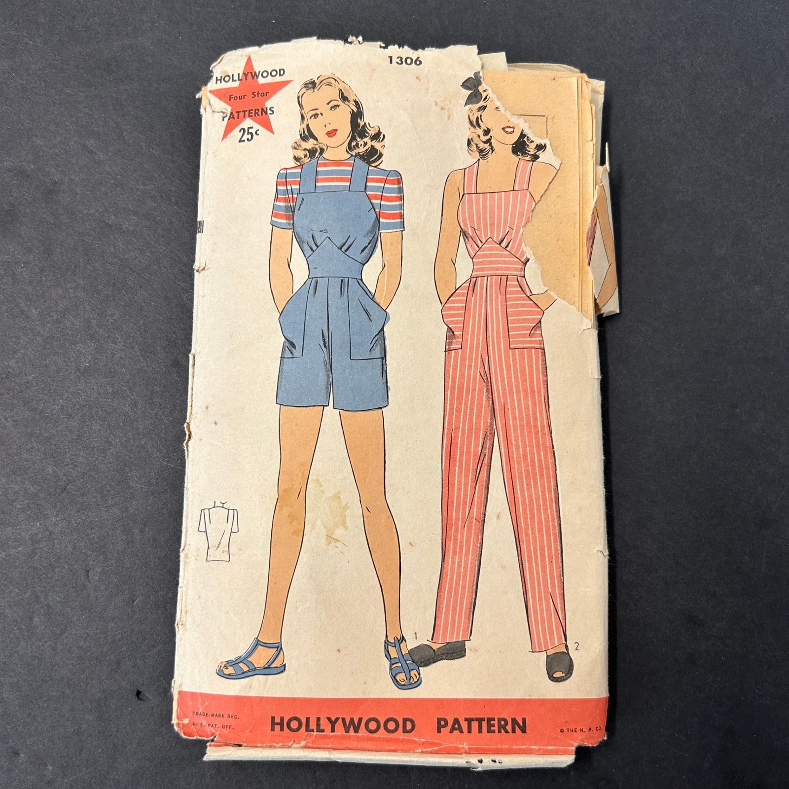 Vintage 1940's Hollywood Pattern 1306 Overalls Blouse Shorts Women Size 10