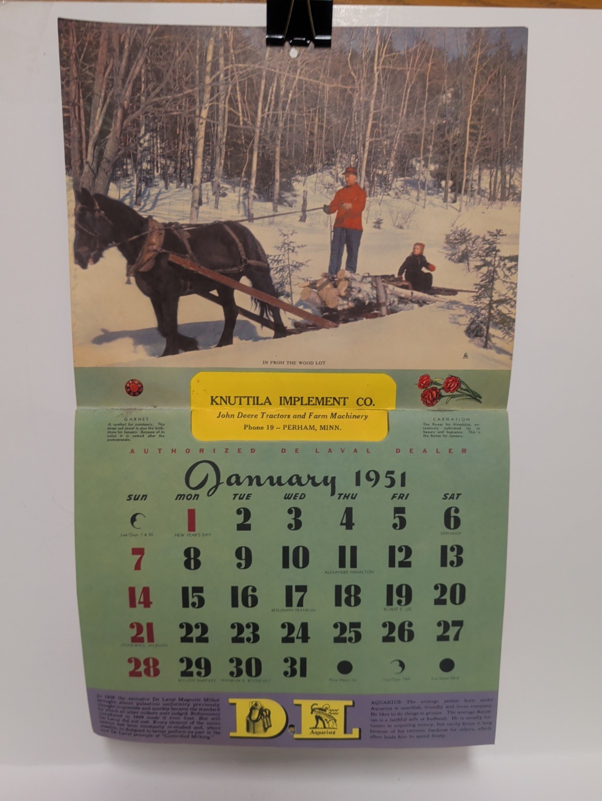 DE LAVAL CREAM SEPARATORS 1951 Calendar Knuttila Implement Perham, Minnesota DE LAVAL CREAM SEPARATORS 1951 Calendar Knuttila Implement Perham, Minnesota
