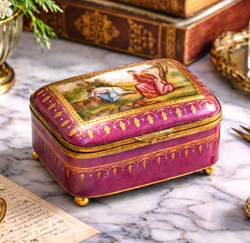 Neoclassical High Quality Hand Painted Antique Porcelain Trinket Jewelry Box