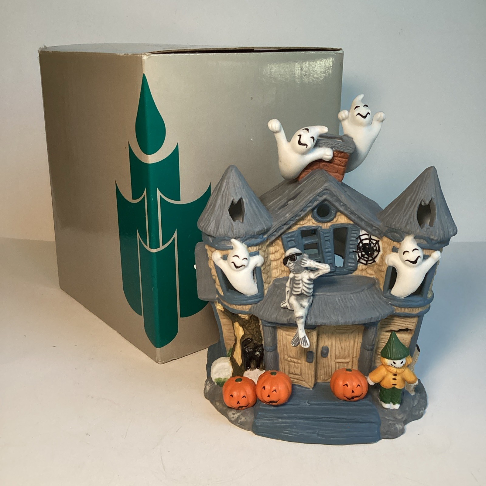 Partylite Haunted Tealight House P7311 Ghosts Ceramic Holder With Box Skeleton