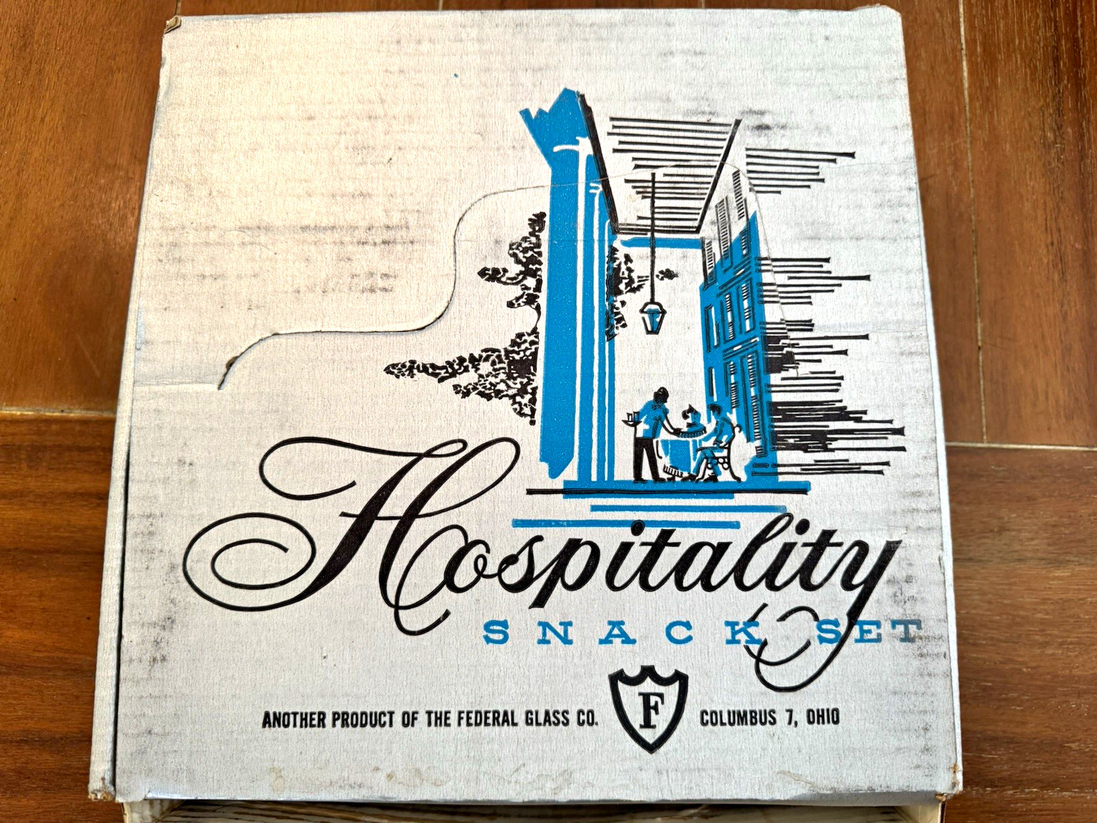 Vtg Hospitality Pressed Glass Snack Set Oval Tray & Cups in Box Clear homestead