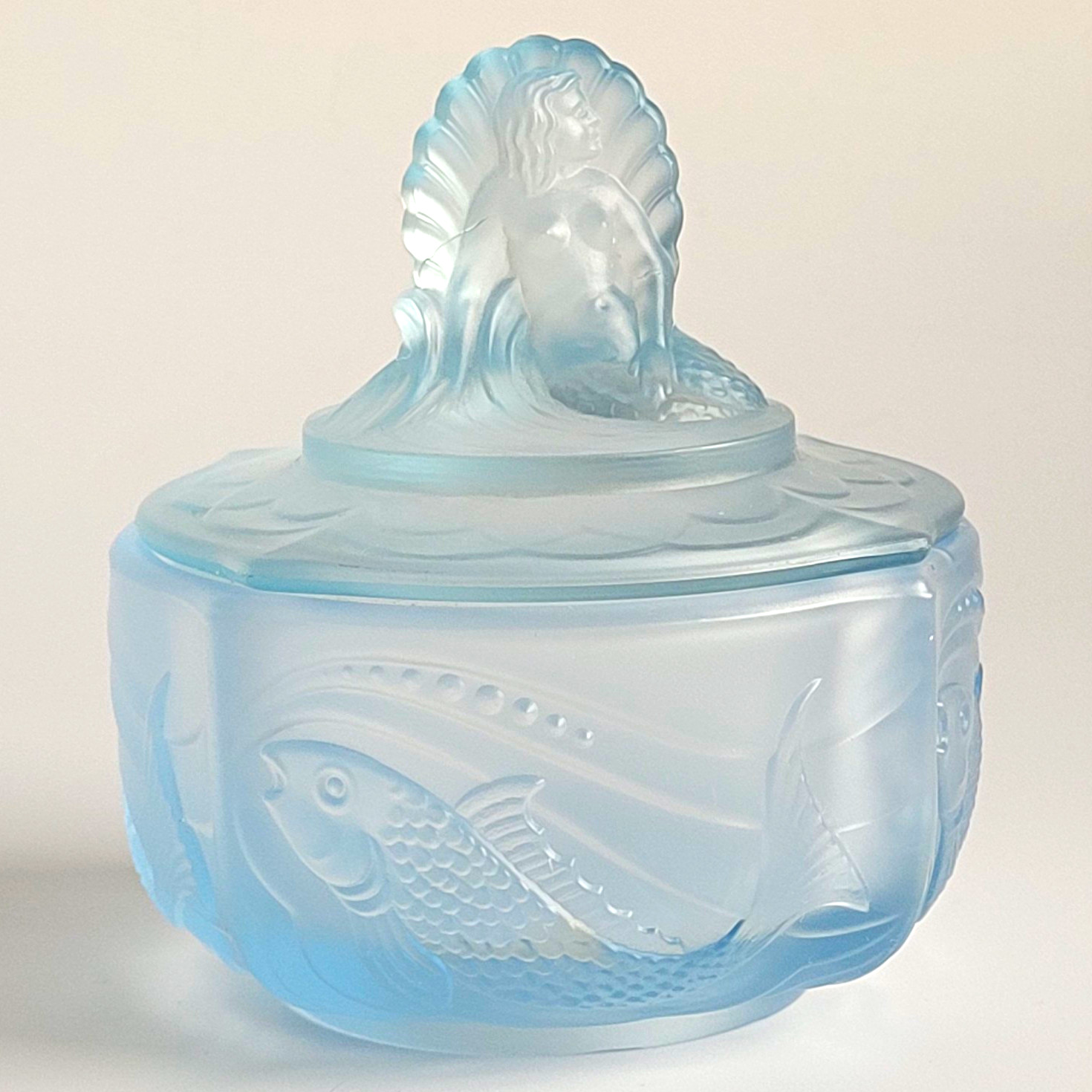 Art Deco Walther Sohne Nymphen Blue Frosted Glass Mermaid Fish Trinket Box 1930s