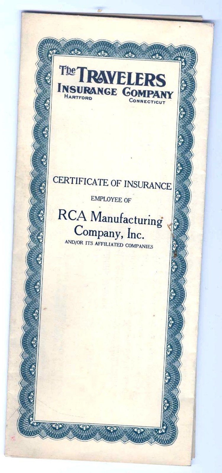 1938 antique TRAVELERS INS CO rca victor co payable to CARMINE BROCCOLI