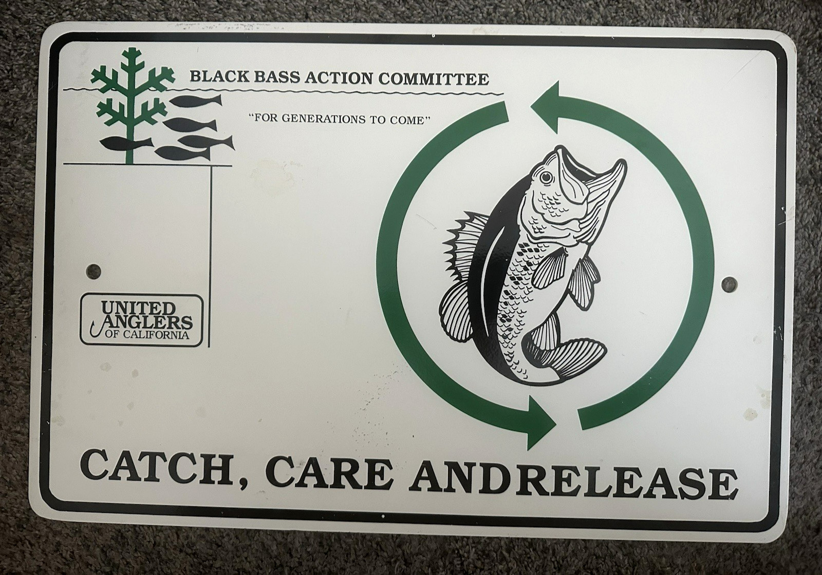 Vintage BLACK BASS Sign UNITED ANGLERS OF CALIFORNIA Catch Care & Release FISH