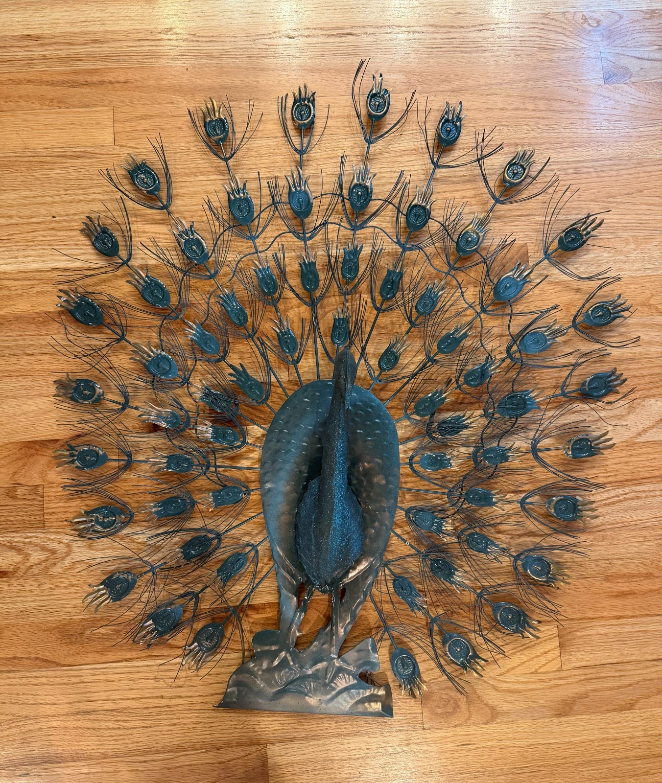Large Vintage Mid Century Modern 1960s Blue Green Peacock Wall Hanging 34
