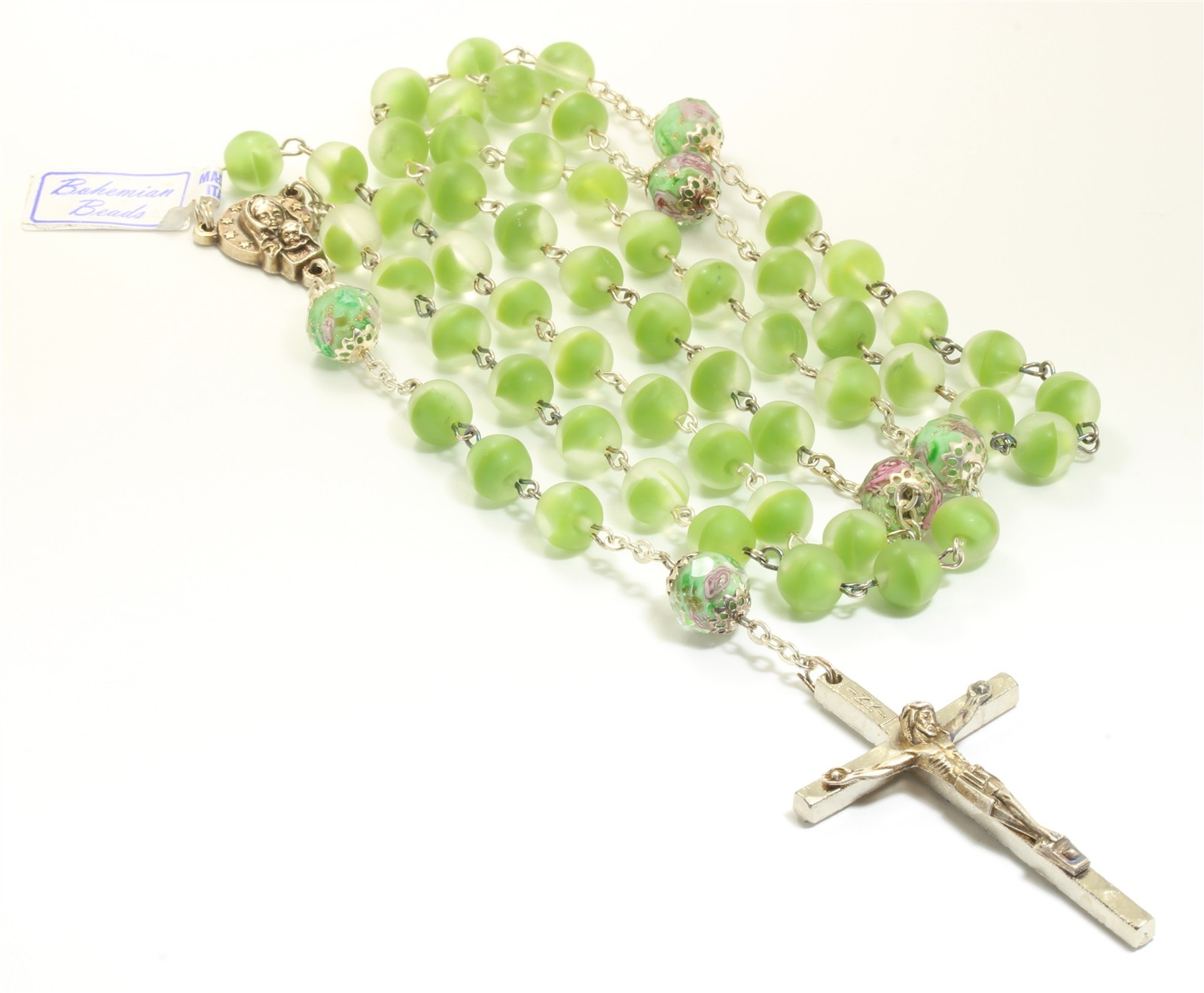 Vintage Venetian Green Glass Bohemian Bead Rosary Cross Necklace NWT