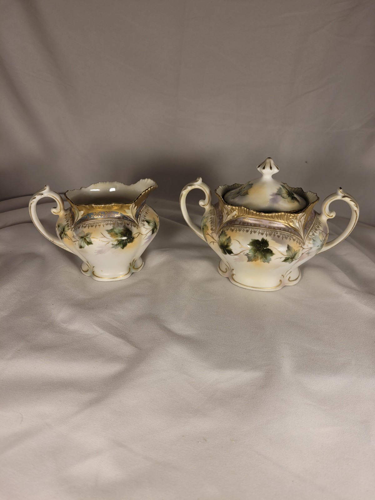 Antique RS Prussia Red Mark Creamer and Sugar Bowl Set Hand Painted Leaves Gilt Antique RS Prussia Red Mark Creamer and Sugar Bowl Set Hand Painted Leaves Gilt