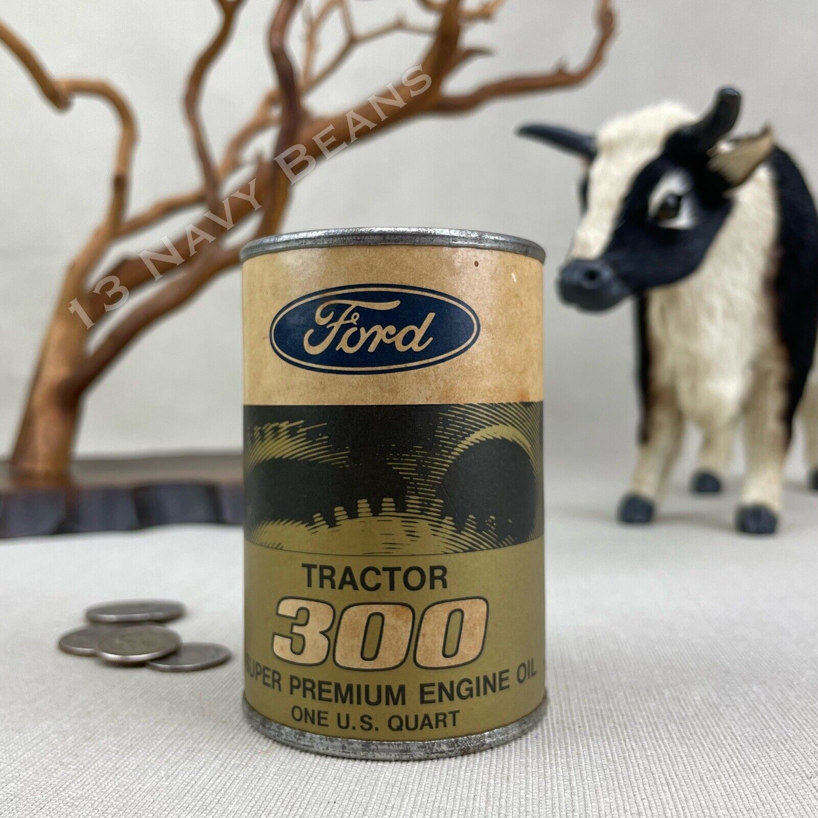 FORD TRACTOR 300 Engine Oil Can Paper Coin Bank Vintage Advertising 3\