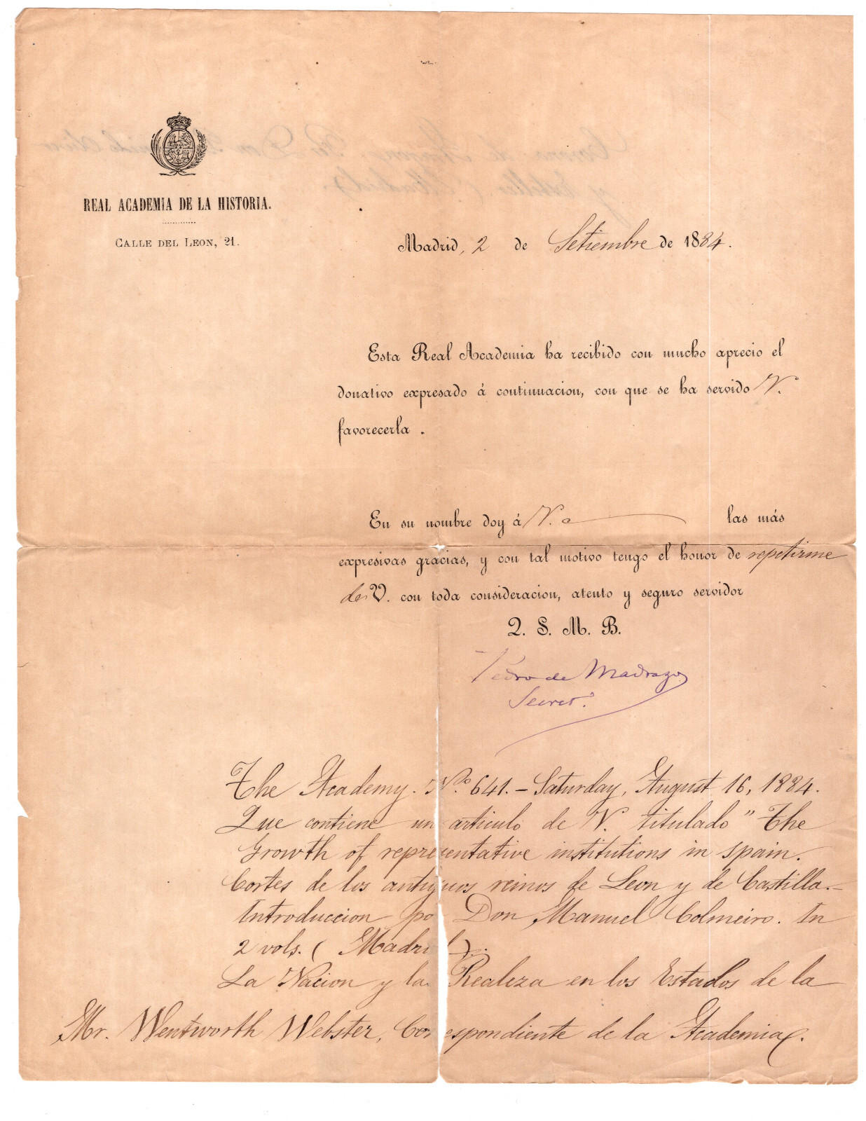 Pedro de Madrazo y Kuntz, Bienvenido Oliver y Esteller Signed Letter 1884 Spain