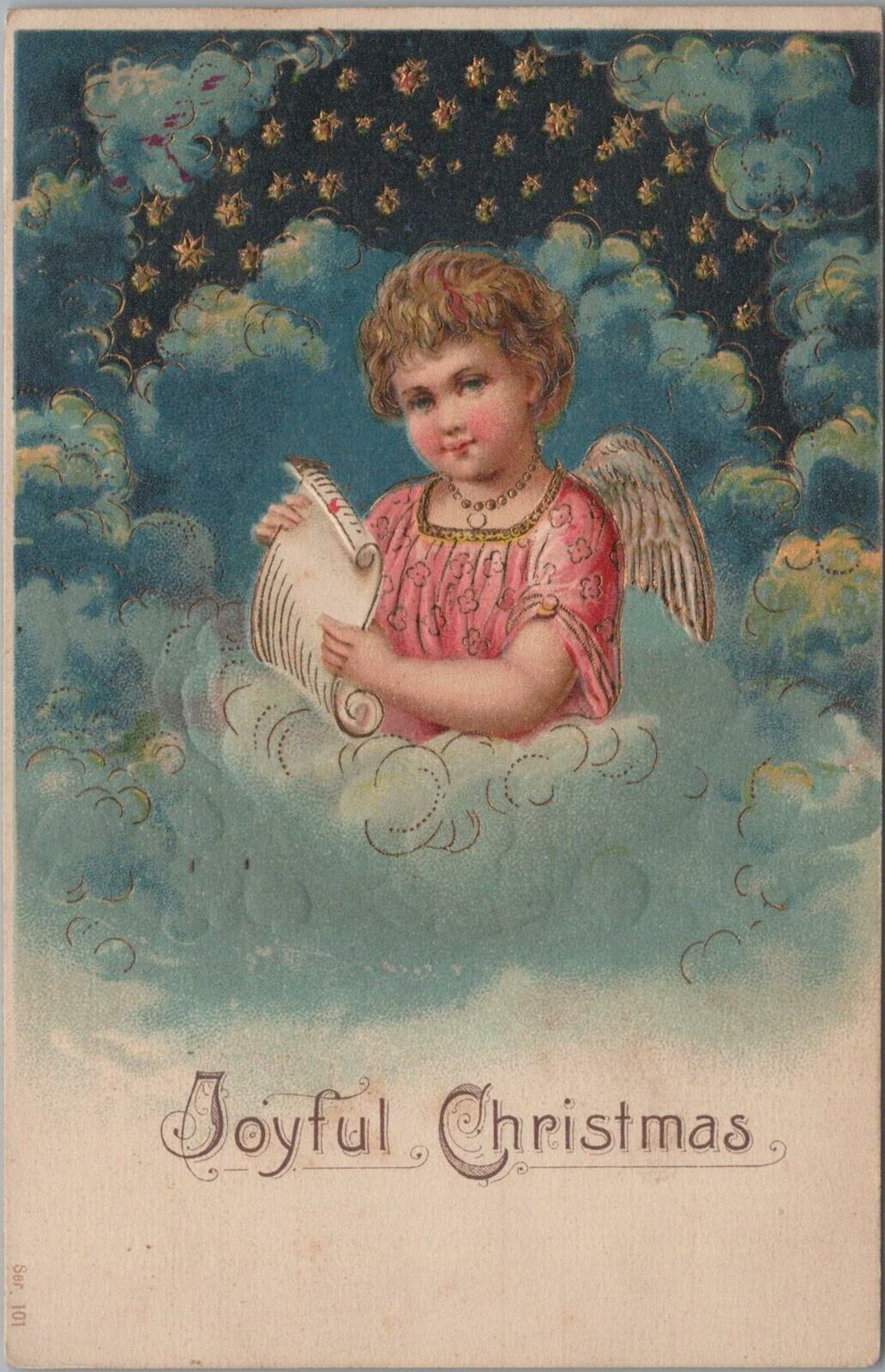 Postcard Joyful Christmas Angel in Ceiling Reading Scroll 