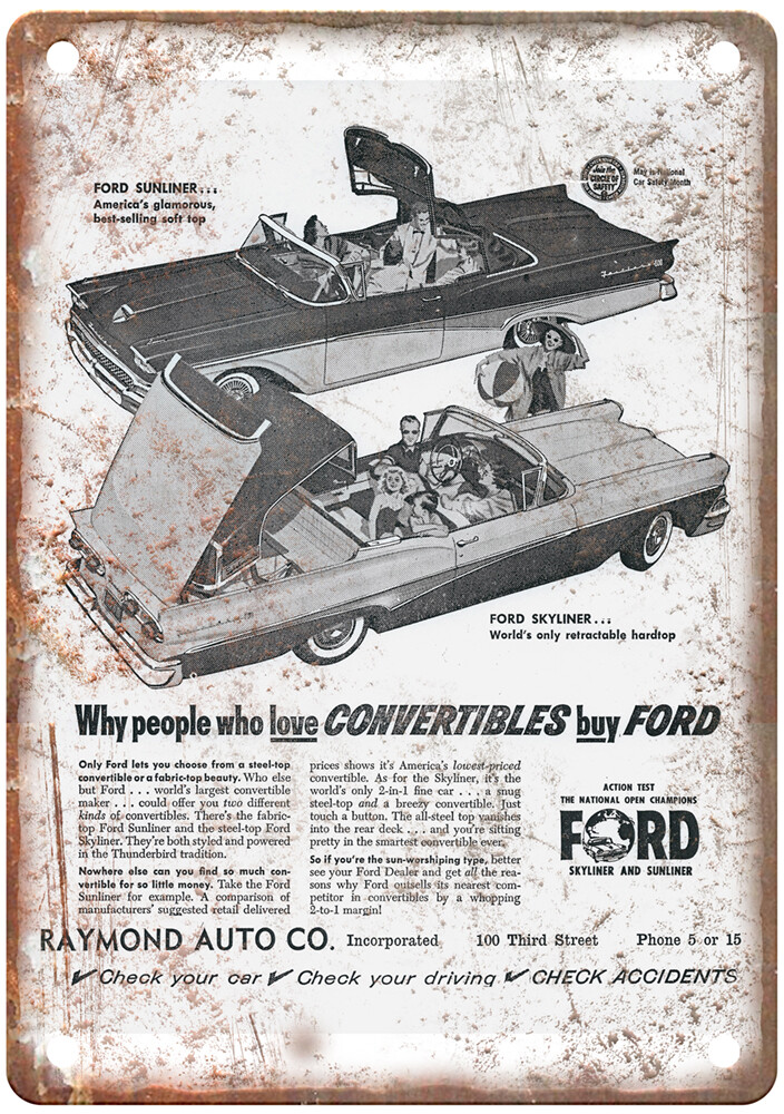 Old 1958 Ford Fairlane 500 Skyliner and Sunliner Ad Retro Look Metal Sign A7007