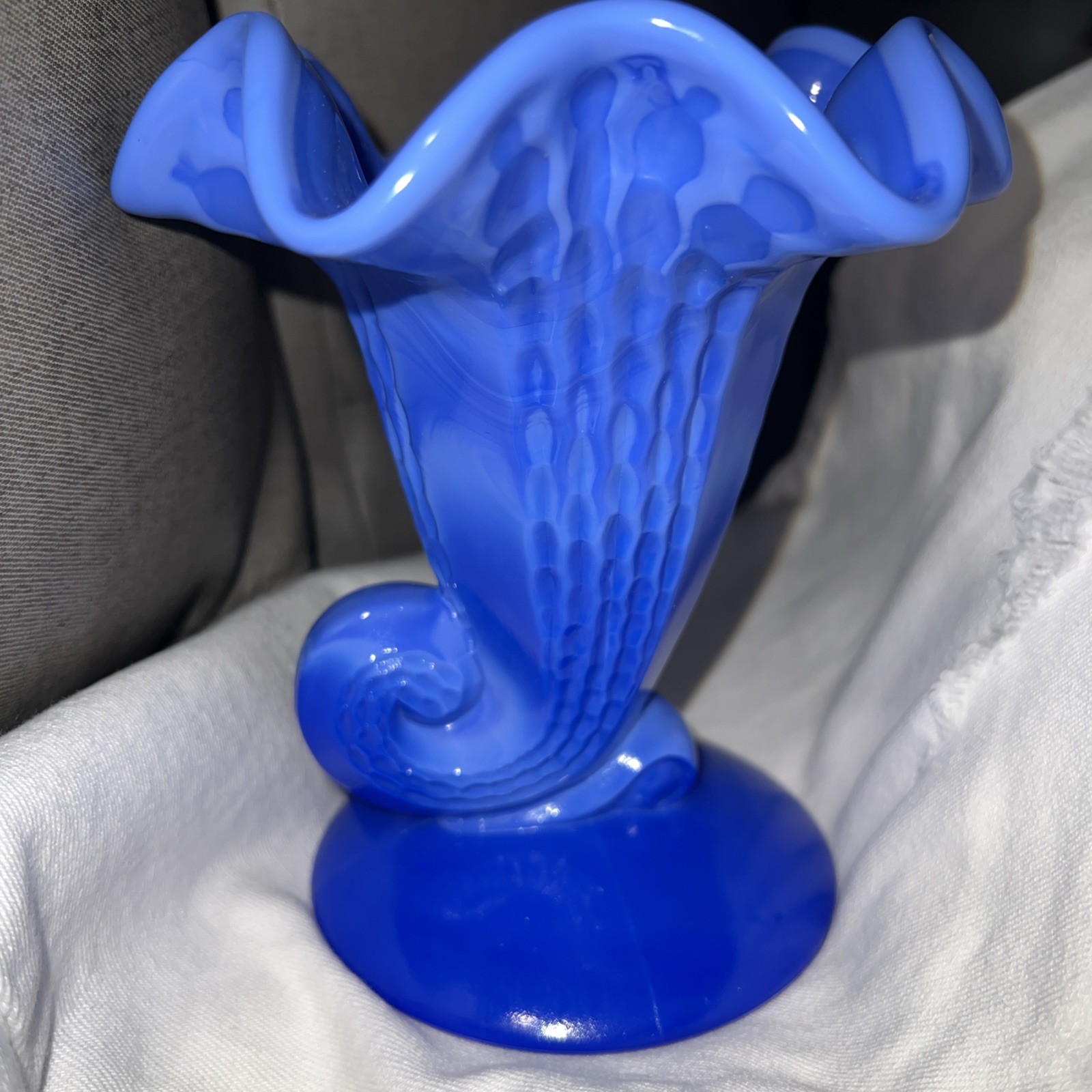 Fenton Periwinkle Blue Glass Cornucopia Shaped Vase