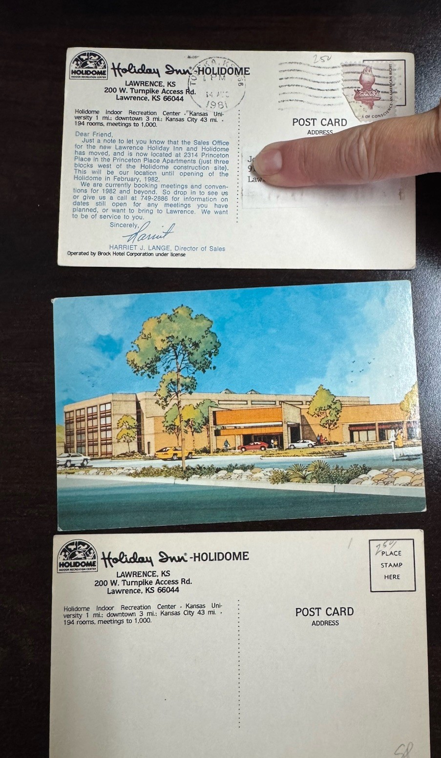 3 Postcards Holiday Inn Holidome  Lawrence KS Highways 59 and 10 Posted 1981