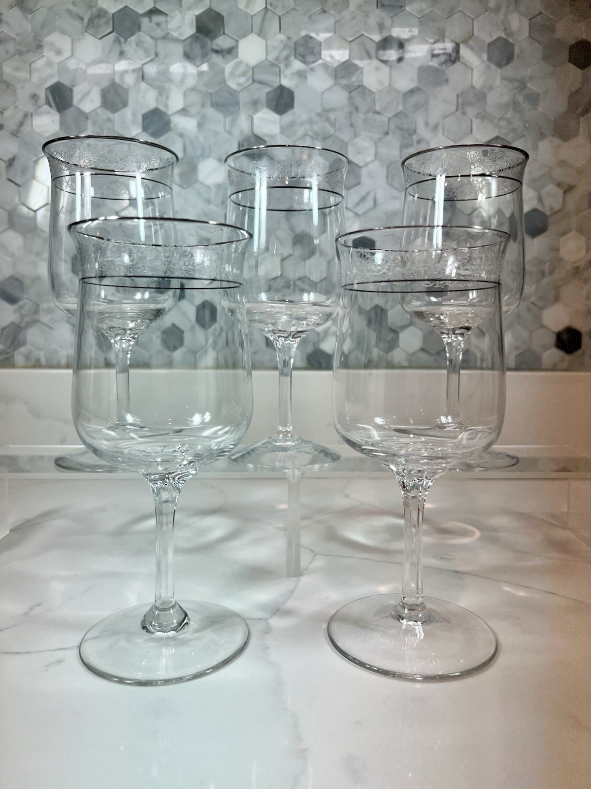 Lenox Moonspun Platinum Rim Goblets Etched Floral Stemware Set of 5 Vintage USA
