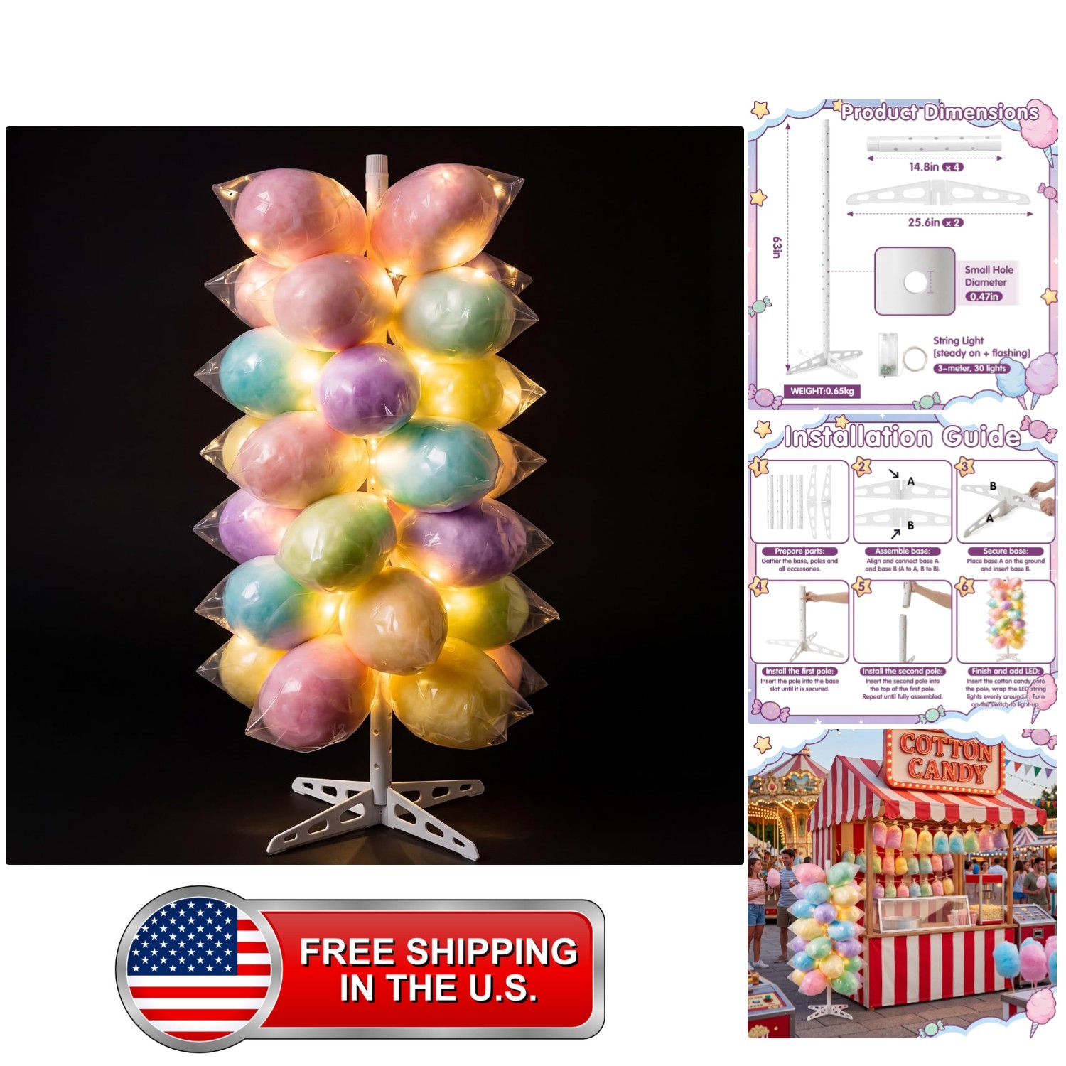 5.25 ft Tall Cotton Candy Stand Holder with LED Lights, 64 Holes, Glowing 5.25 ft Tall Cotton Candy Stand Holder with LED Lights, 64 Holes, Glowing