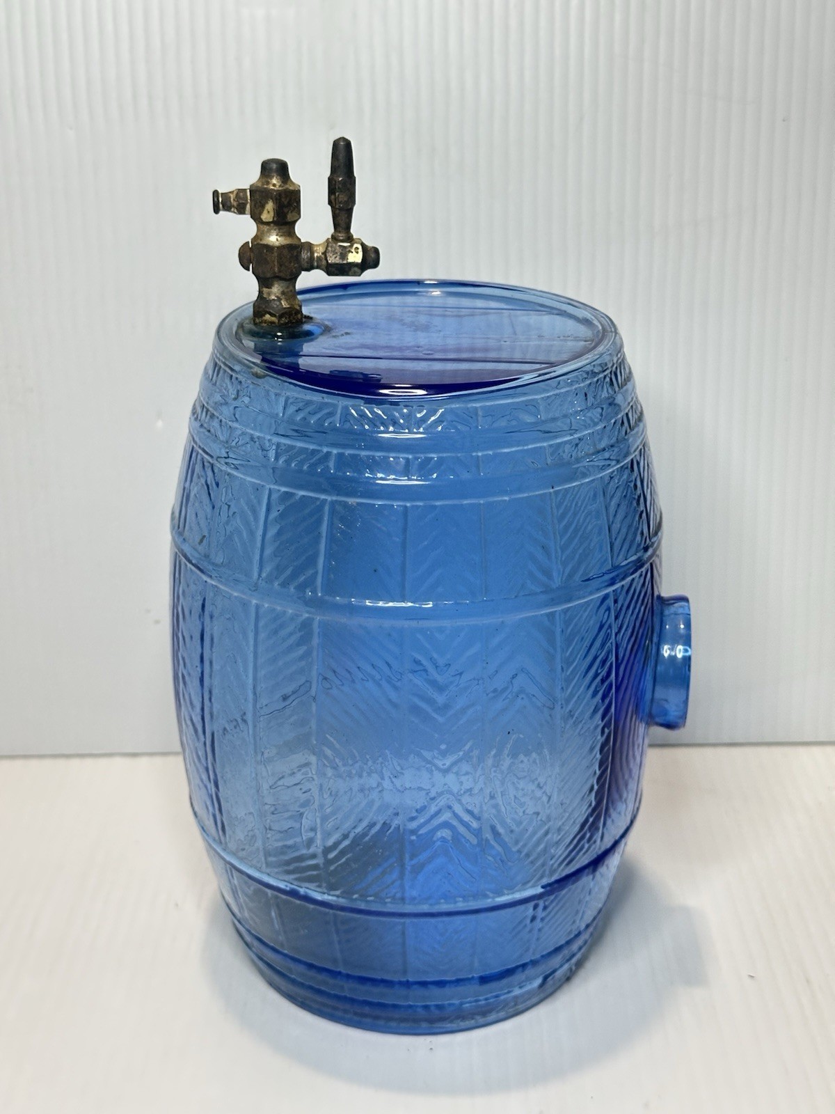 Antique Cobalt Blue Glass Barrel Liquor Dispenser Brass Spigot Barware