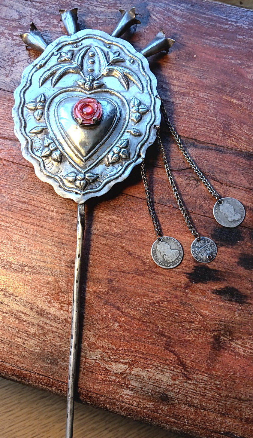 OUTSTANDING  Large Antique Silver Tupu or Tupo from Peru w Early Spanish coins