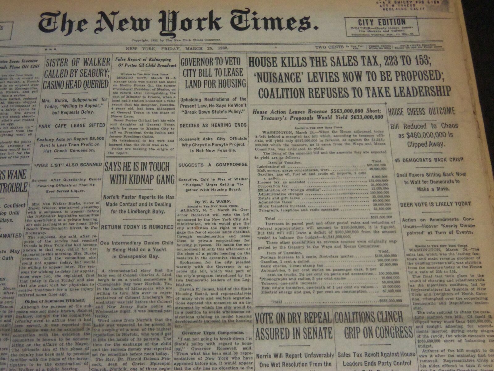 1932 MARCH 25 NEW YORK TIMES - TARZAN THE APE MAN OPENS TODAY - NT 6180